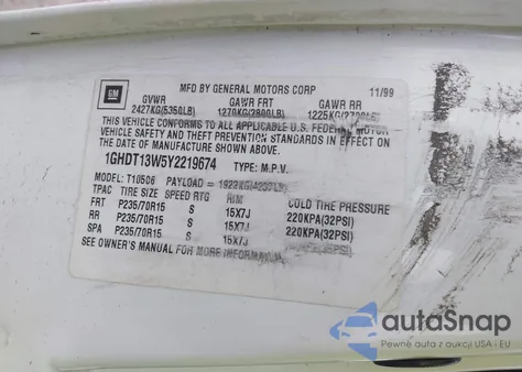 2000 Oldsmobile Bravada из США, поврежденный, VIN 1GHDT13W5Y2219674